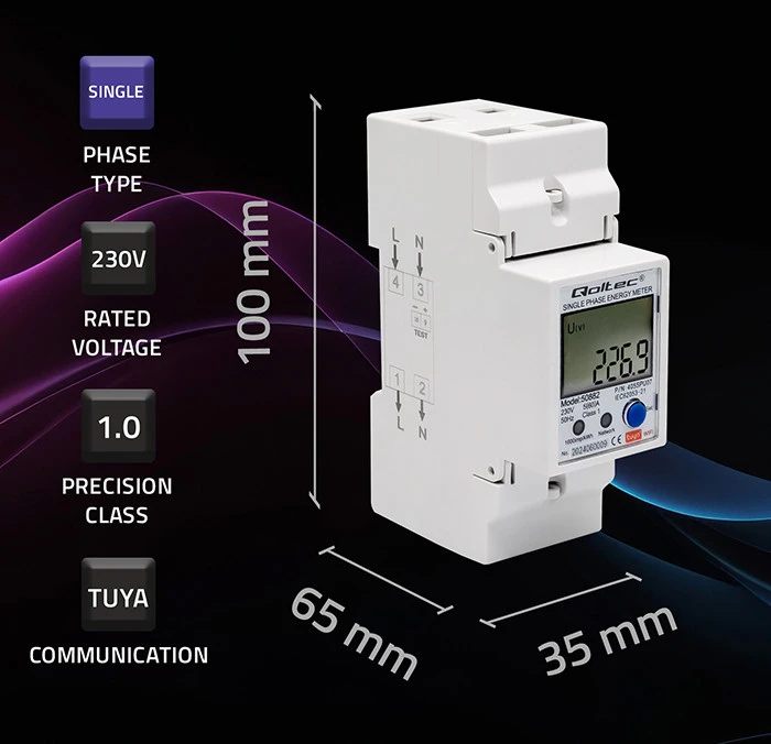 „Qoltec“ 1 fazės elektroninis skaitiklis | Energijos skaitiklis ant DIN bėgelio | „Wi-Fi“ | TUYA | 230 V | LCD