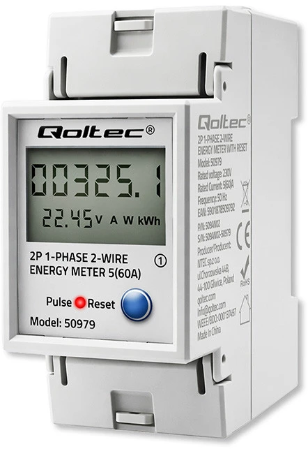 „Qoltec“ vienfazis elektroninis energijos suvartojimo skaitiklis, montuojamas ant DIN bėgelio | ATSTATYMAS | periodinis ir nuolatinis skaitiklis | 230 V | 60 A | LCD | LED | 2P