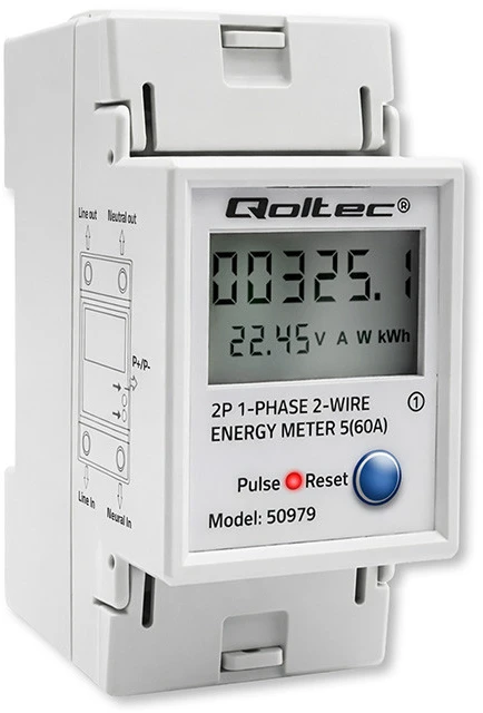 „Qoltec“ vienfazis elektroninis energijos suvartojimo skaitiklis, montuojamas ant DIN bėgelio | ATSTATYMAS | periodinis ir nuolatinis skaitiklis | 230 V | 60 A | LCD | LED | 2P