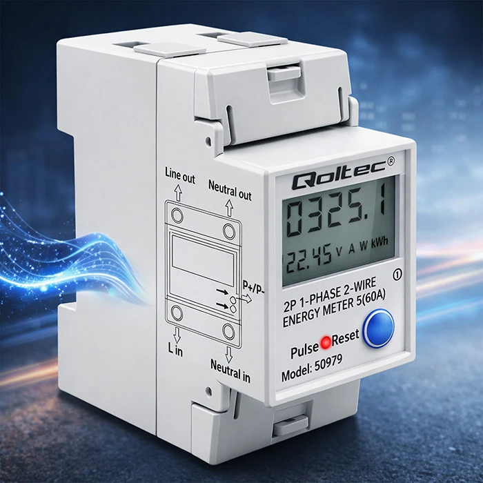 „Qoltec“ vienfazis elektroninis energijos suvartojimo skaitiklis, montuojamas ant DIN bėgelio | ATSTATYMAS | periodinis ir nuolatinis skaitiklis | 230 V | 60 A | LCD | LED | 2P
