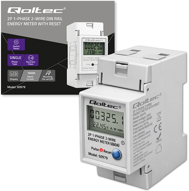 „Qoltec“ vienfazis elektroninis energijos suvartojimo skaitiklis, montuojamas ant DIN bėgelio | ATSTATYMAS | periodinis ir nuolatinis skaitiklis | 230 V | 60 A | LCD | LED | 2P