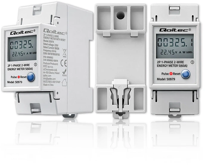 „Qoltec“ vienfazis elektroninis energijos suvartojimo skaitiklis, montuojamas ant DIN bėgelio | ATSTATYMAS | periodinis ir nuolatinis skaitiklis | 230 V | 60 A | LCD | LED | 2P