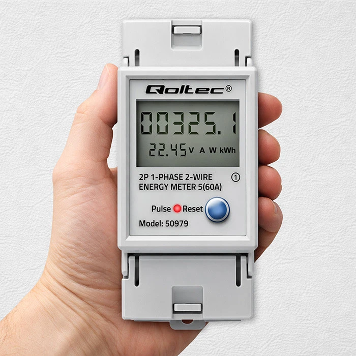 „Qoltec“ vienfazis elektroninis energijos suvartojimo skaitiklis, montuojamas ant DIN bėgelio | ATSTATYMAS | periodinis ir nuolatinis skaitiklis | 230 V | 60 A | LCD | LED | 2P