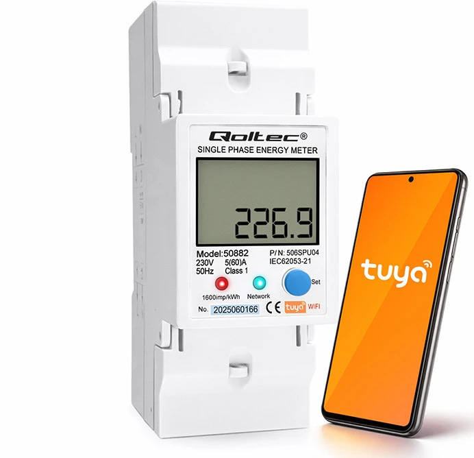 „Qoltec“ 1 fazės elektroninis skaitiklis | Energijos skaitiklis ant DIN bėgelio | „Wi-Fi“ | TUYA | 230 V | LCD