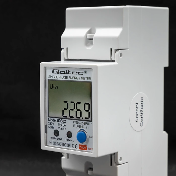 „Qoltec“ 1 fazės elektroninis skaitiklis | Energijos skaitiklis ant DIN bėgelio | „Wi-Fi“ | TUYA | 230 V | LCD