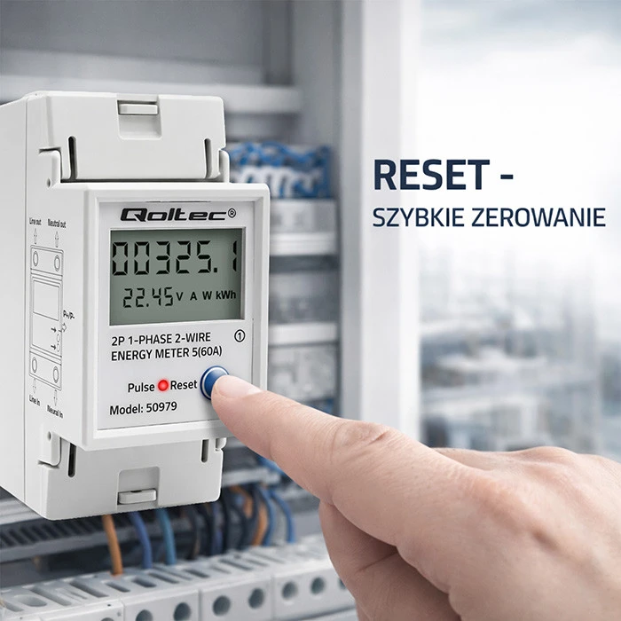 „Qoltec“ vienfazis elektroninis energijos suvartojimo skaitiklis, montuojamas ant DIN bėgelio | ATSTATYMAS | periodinis ir nuolatinis skaitiklis | 230 V | 60 A | LCD | LED | 2P