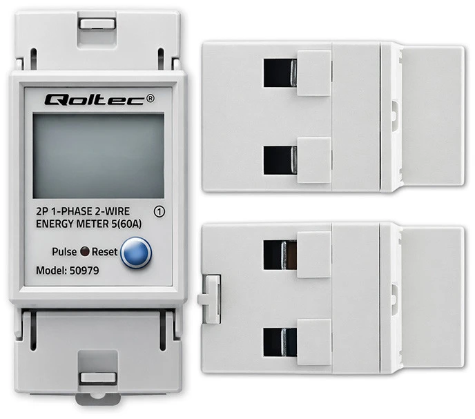 „Qoltec“ vienfazis elektroninis energijos suvartojimo skaitiklis, montuojamas ant DIN bėgelio | ATSTATYMAS | periodinis ir nuolatinis skaitiklis | 230 V | 60 A | LCD | LED | 2P