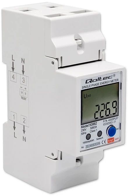 „Qoltec“ 1 fazės elektroninis skaitiklis | Energijos skaitiklis ant DIN bėgelio | „Wi-Fi“ | TUYA | 230 V | LCD