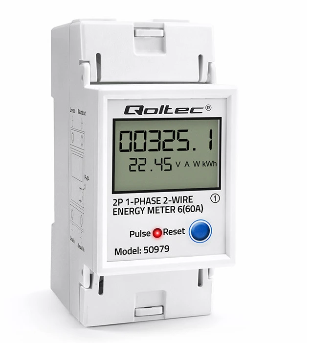 „Qoltec“ vienfazis elektroninis energijos suvartojimo skaitiklis, montuojamas ant DIN bėgelio | ATSTATYMAS | periodinis ir nuolatinis skaitiklis | 230 V | 60 A | LCD | LED | 2P
