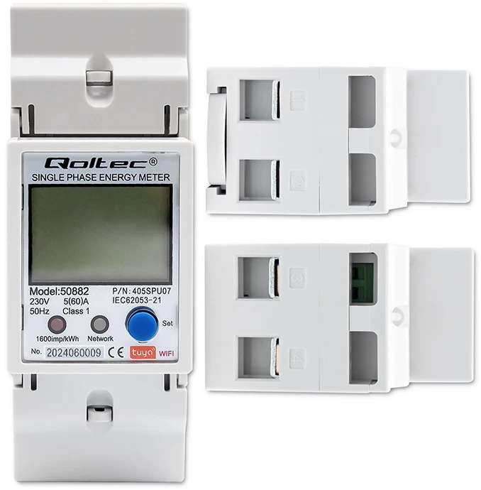 „Qoltec“ 1 fazės elektroninis skaitiklis | Energijos skaitiklis ant DIN bėgelio | „Wi-Fi“ | TUYA | 230 V | LCD