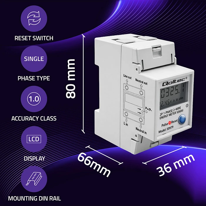 „Qoltec“ vienfazis elektroninis energijos suvartojimo skaitiklis, montuojamas ant DIN bėgelio | ATSTATYMAS | periodinis ir nuolatinis skaitiklis | 230 V | 60 A | LCD | LED | 2P