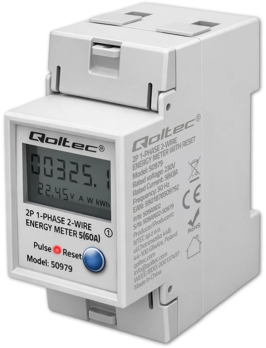 „Qoltec“ vienfazis elektroninis energijos suvartojimo skaitiklis, montuojamas ant DIN bėgelio | ATSTATYMAS | periodinis ir nuolatinis skaitiklis | 230 V | 60 A | LCD | LED | 2P