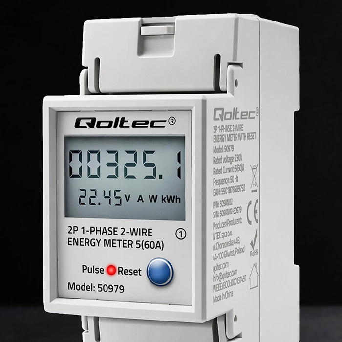 „Qoltec“ vienfazis elektroninis energijos suvartojimo skaitiklis, montuojamas ant DIN bėgelio | ATSTATYMAS | periodinis ir nuolatinis skaitiklis | 230 V | 60 A | LCD | LED | 2P