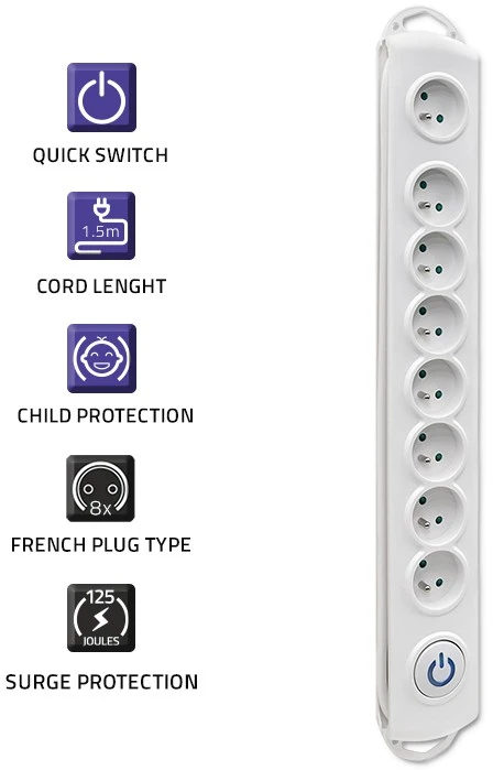 QOLTEC 50293 Apsauga nuo viršįtampių 8 lizdai 1,5m