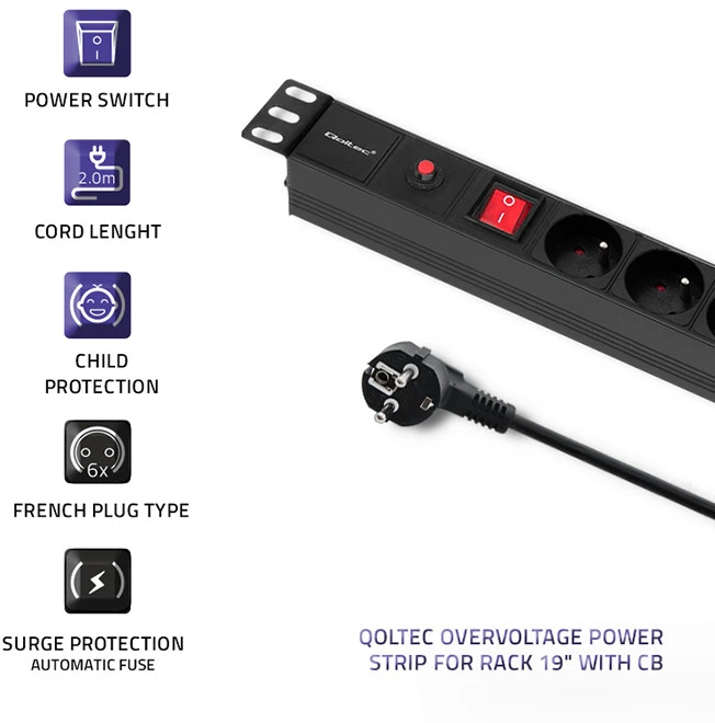 QOLTEC 53995 Apsauga nuo viršįtampių RACK 19 16A 1U PDU 6xSCHUKO 2m