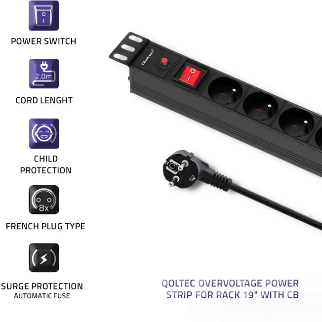QOLTEC 53996 Apsauga nuo viršįtampių RACK 19 16A 1U PDU 8xSCHUKO 2m