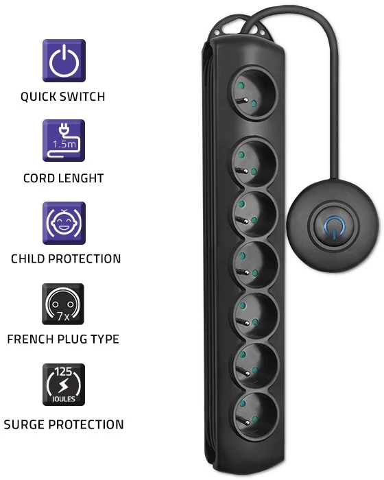 QOLTEC Apsauga nuo viršįtampių su Foot Quick Switch 7 lizdais 1,5 m