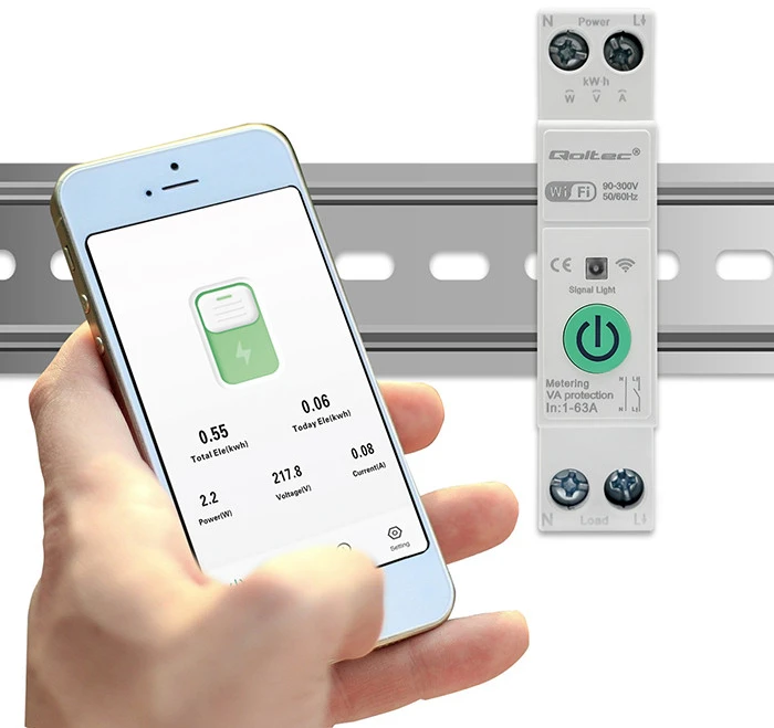 Qoltec 63A relė DIN bėgeliui su elektros skaitikliu | TUYA | Wifi | PROTINGAS GYVENIMAS
