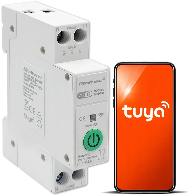 Qoltec 63A relė DIN bėgeliui su elektros skaitikliu | TUYA | Wifi | PROTINGAS GYVENIMAS