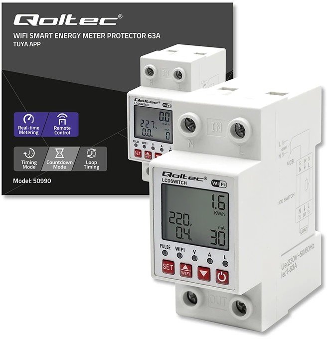 „Qoltec 63A“ relė, skirta DIN bėgeliui, su elektros skaitikliu | Laikmatis | Tuja | Belaidis internetas | LED
