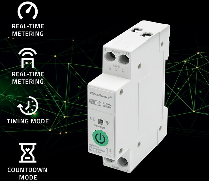 Qoltec 63A relė DIN bėgeliui su elektros skaitikliu | TUYA | Wifi | PROTINGAS GYVENIMAS