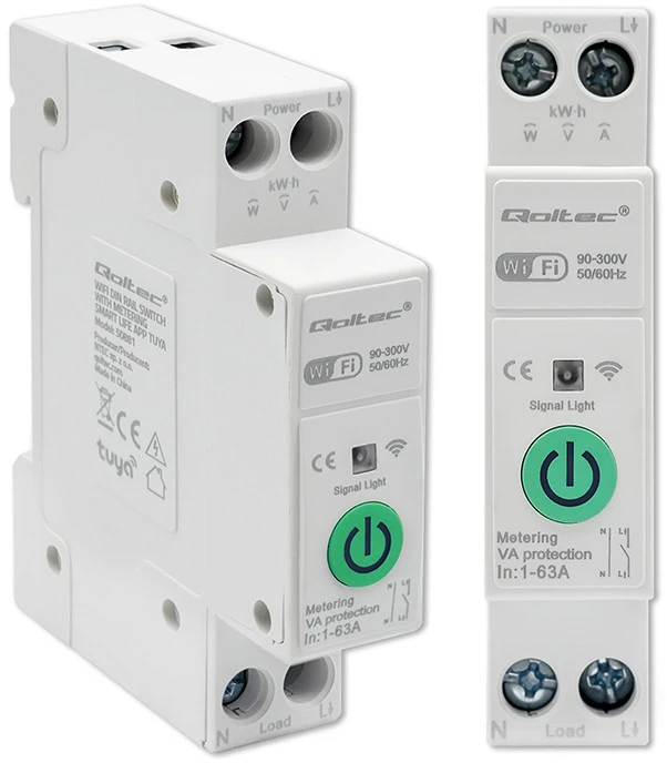 Qoltec 63A relė DIN bėgeliui su elektros skaitikliu | TUYA | Wifi | PROTINGAS GYVENIMAS