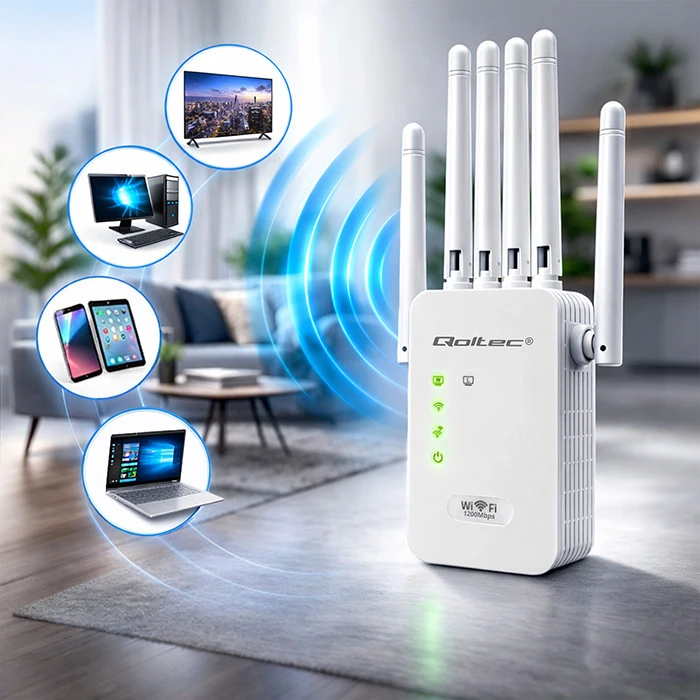„Qoltec“ stiprintuvas, signalinis „WiFi 5“ | Kartotuvas | Prieigos taškas | AC1200 | 6 antenos | 2x RJ45 | 128 MB