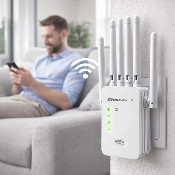 „Qoltec“ stiprintuvas, signalinis „WiFi 5“ | Kartotuvas | Prieigos taškas | AC1200 | 6 antenos | 2x RJ45 | 128 MB