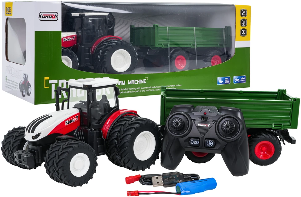 Ramiz Raudonas nuotoliniu būdu valdomas traktorius su puspriekabe