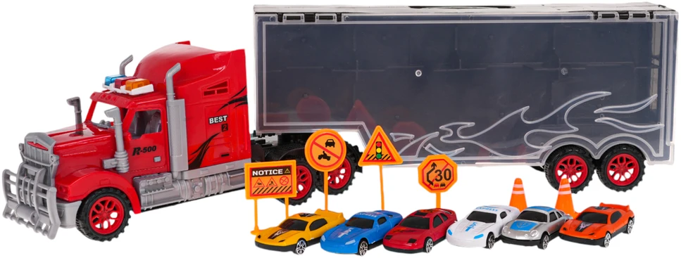 Ramiz Žaislinis sunkvežimis su priekaba ir automobiliais