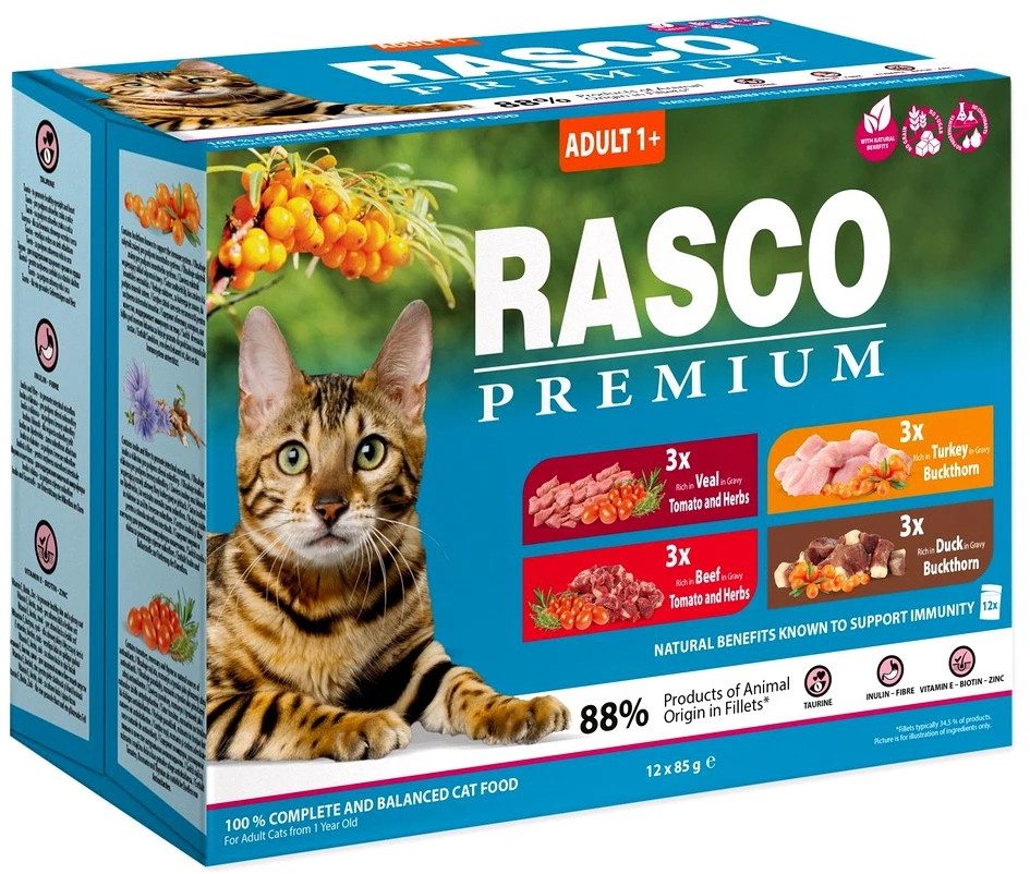 Rasco Premium rinkinys po 3vnt: Jautiena, Veršiena, Kalakutiena, Antiena (12vnt x 85g)