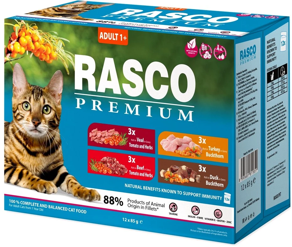 Rasco Premium rinkinys po 3vnt: Jautiena, Veršiena, Kalakutiena, Antiena (12vnt x 85g)