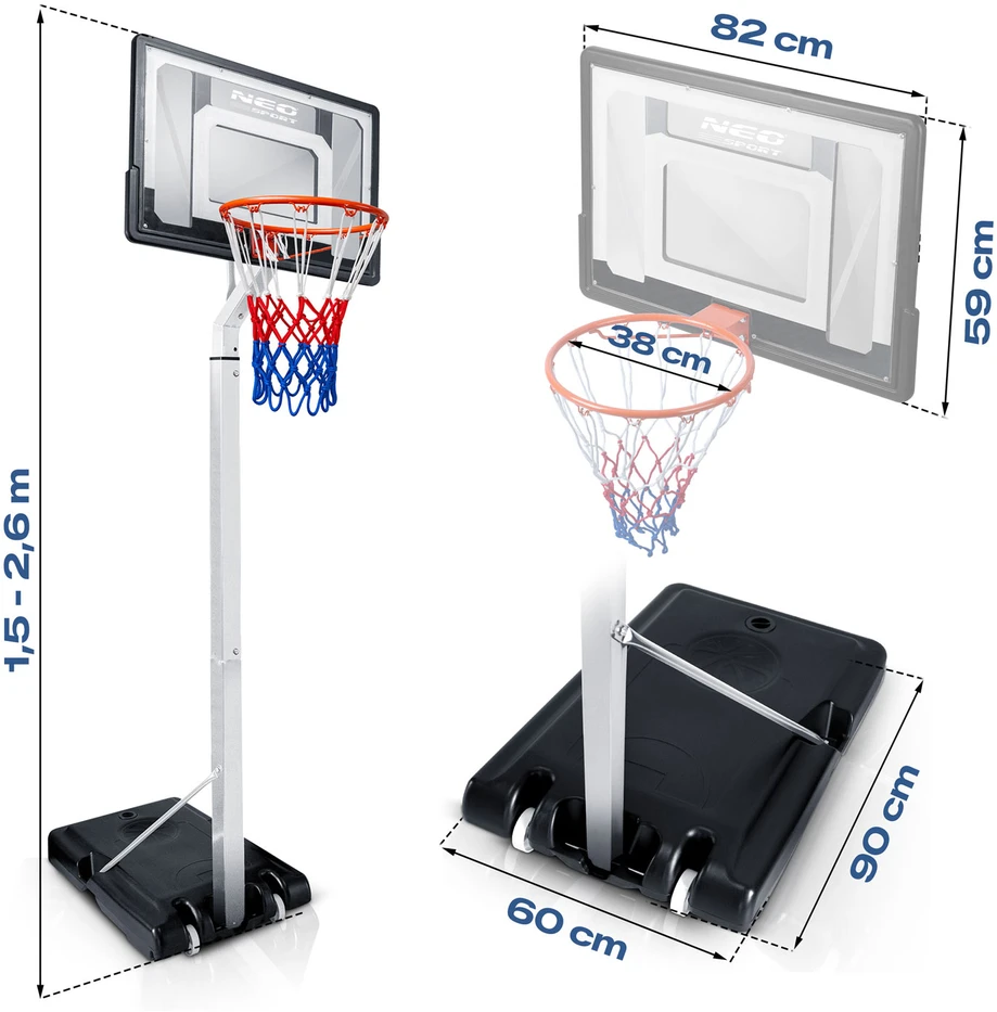 Reguliuojamas laisvai stovintis mobilus krepšinio stovas 150–260 cm Neo-Sport NS-281
