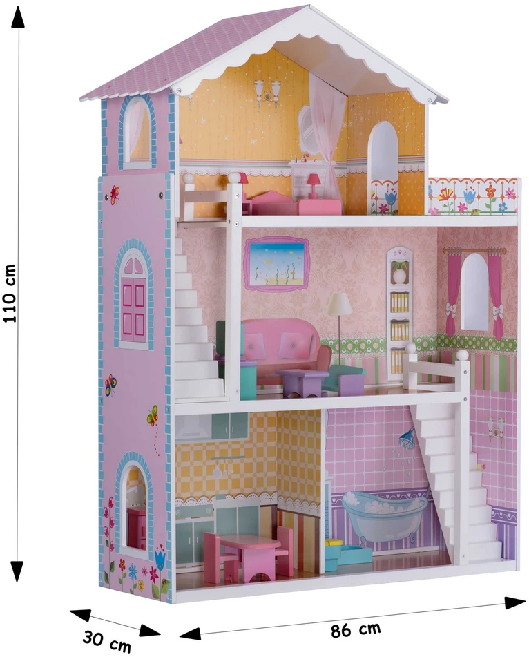 Ricokids Didelis trijų aukštų medinis lėlių namelis + baldai + terasa