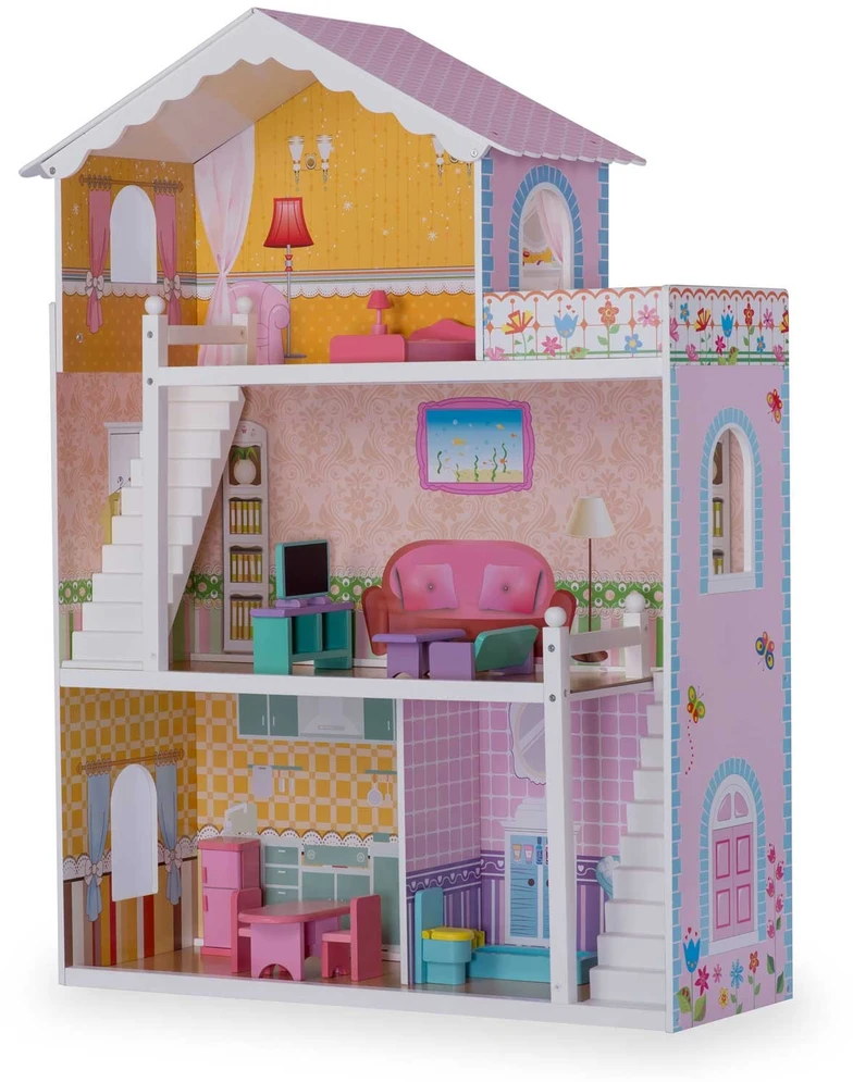 Ricokids Didelis trijų aukštų medinis lėlių namelis + baldai + terasa