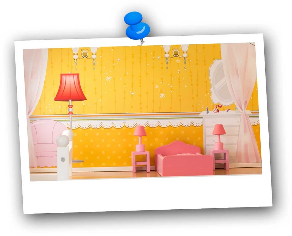 Ricokids Didelis trijų aukštų medinis lėlių namelis + baldai + terasa
