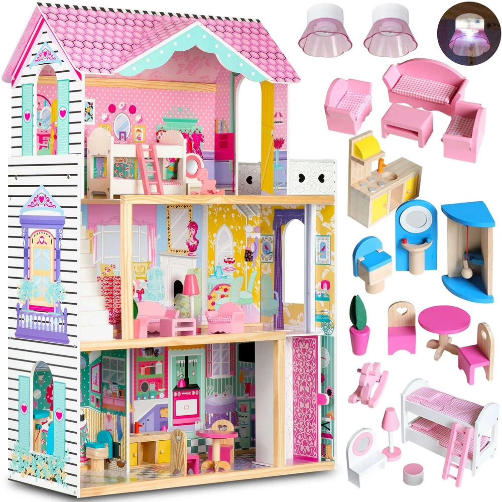 Ricokids Didelis medinis lėlių namelis, trijų aukštų, su liftu ir LED lempute