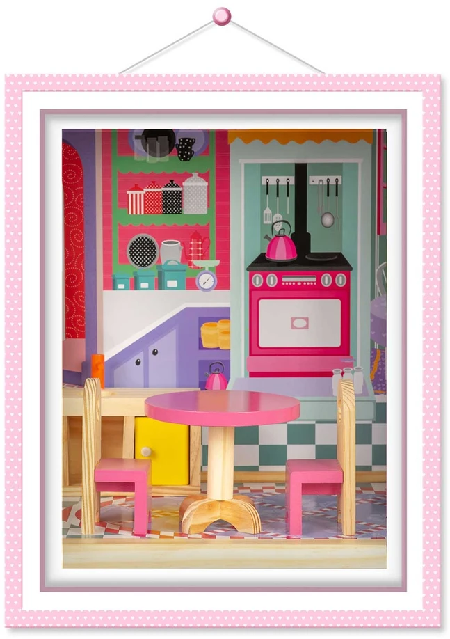 Ricokids Didelis medinis lėlių namelis, trijų aukštų, su liftu ir LED lempute