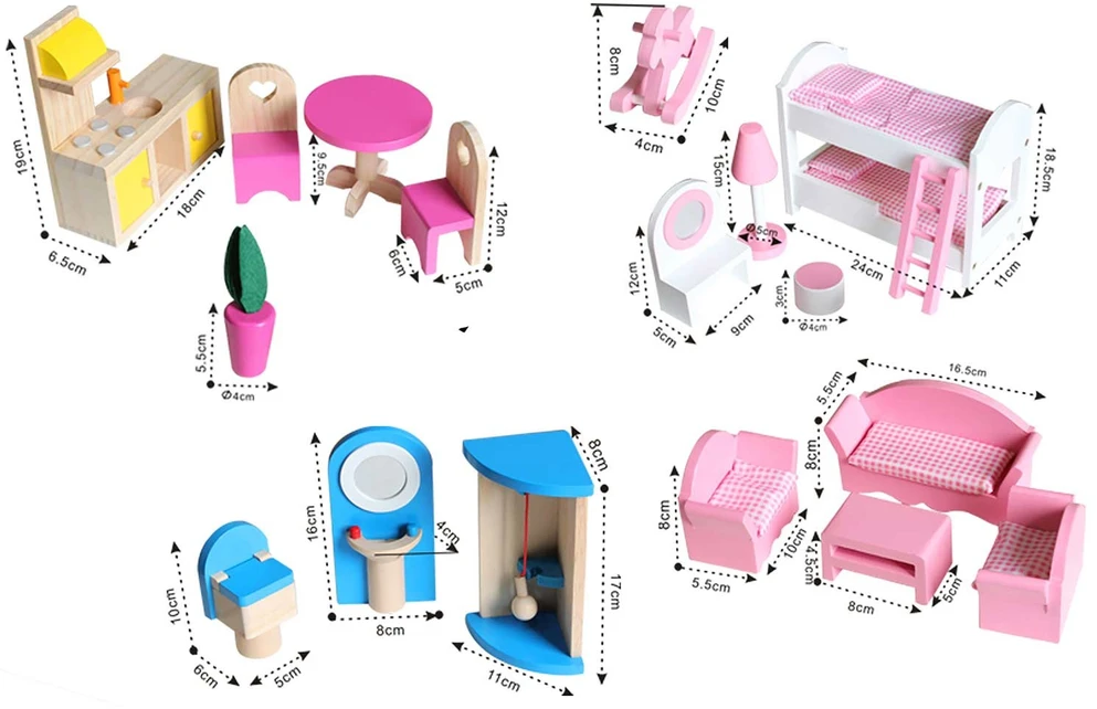 Ricokids Didelis medinis lėlių namelis, trijų aukštų, su liftu ir LED lempute