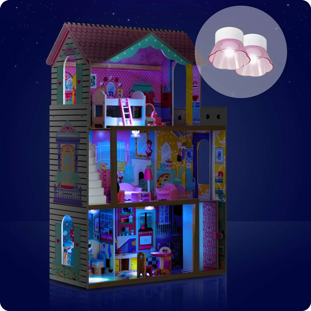 Ricokids Didelis medinis lėlių namelis, trijų aukštų, su liftu ir LED lempute
