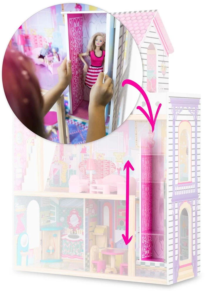 Ricokids Didelis medinis lėlių namelis, trijų aukštų, su liftu ir LED lempute