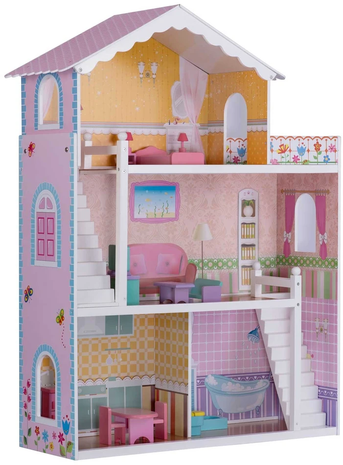 Ricokids Didelis trijų aukštų medinis lėlių namelis + baldai + terasa