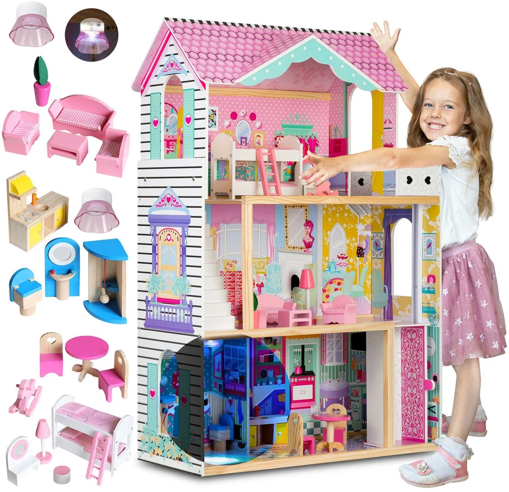 Ricokids Didelis medinis lėlių namelis, trijų aukštų, su liftu ir LED lempute