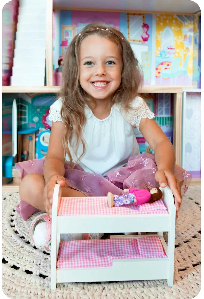 Ricokids Didelis medinis lėlių namelis, trijų aukštų, su liftu ir LED lempute