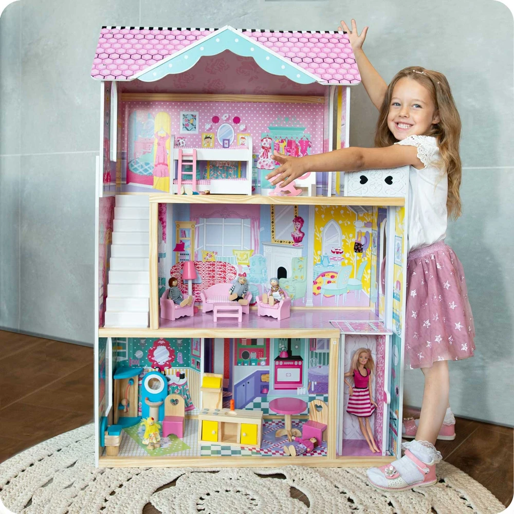 Ricokids Didelis medinis lėlių namelis, trijų aukštų, su liftu ir LED lempute
