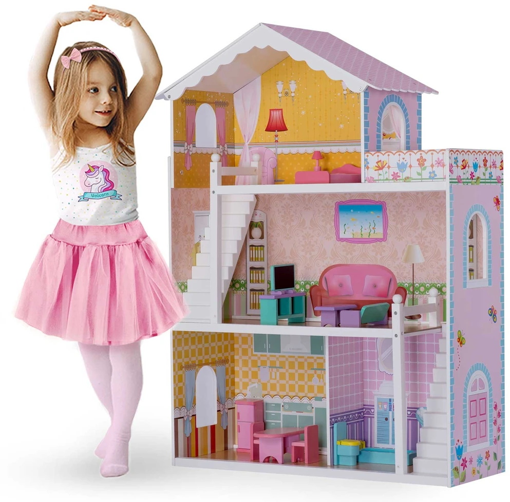 Ricokids Didelis trijų aukštų medinis lėlių namelis + baldai + terasa