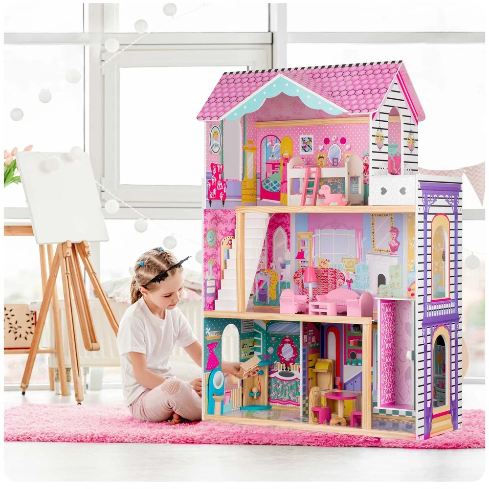 Ricokids Didelis medinis lėlių namelis, trijų aukštų, su liftu ir LED lempute