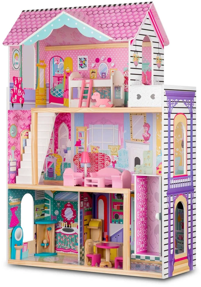 Ricokids Didelis medinis lėlių namelis, trijų aukštų, su liftu ir LED lempute
