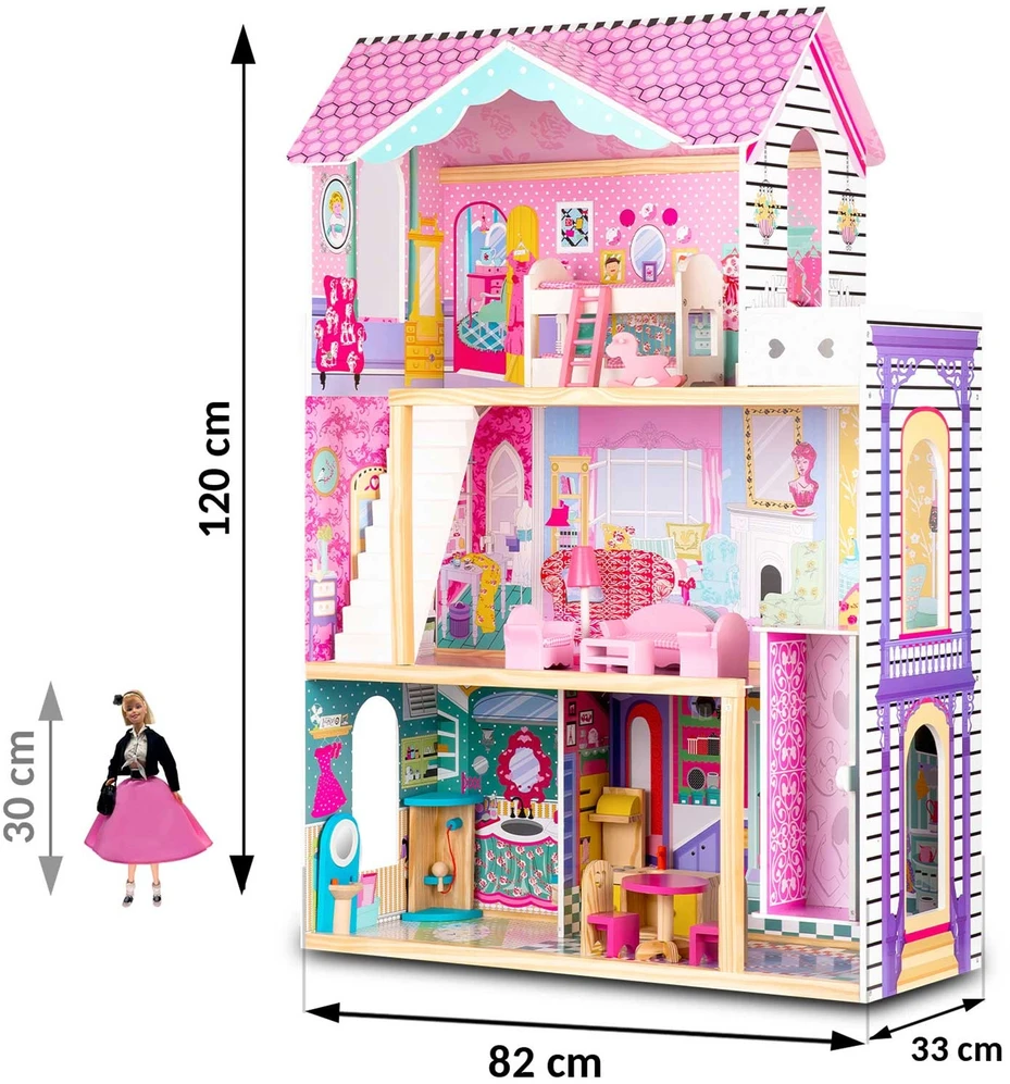 Ricokids Didelis medinis lėlių namelis, trijų aukštų, su liftu ir LED lempute
