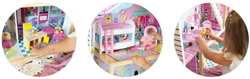 Ricokids Didelis medinis lėlių namelis, trijų aukštų, su liftu ir LED lempute